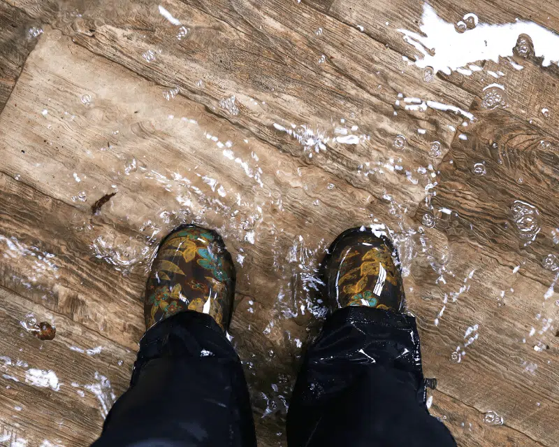 feet standing on stormwater damage flooded wooden flooring